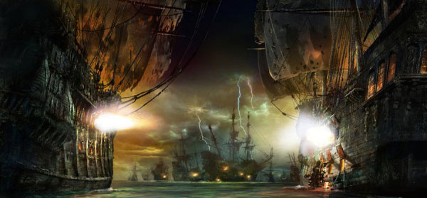Concept art for Pirates of the Caribbean: Battle for Sunken Treasure at Shanghai Disneyland