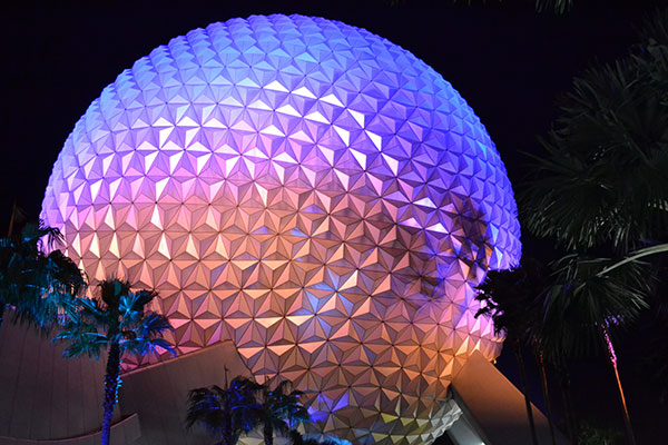 Spaceship Earth in EPCOT at night