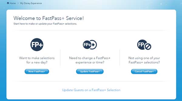 A screen shot from the FastPass Plus screen in Disney's website.