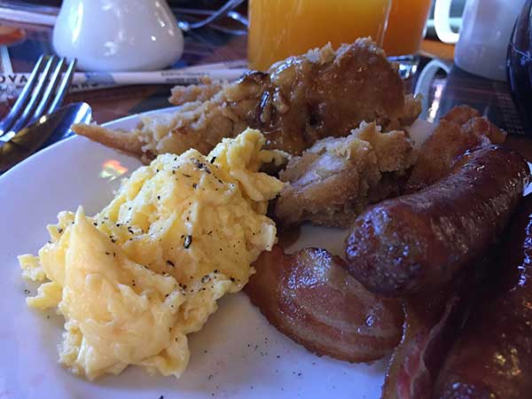 Eggs, bacon, and french toast bread pudding at Disney's Animal Kingdom Lodge
