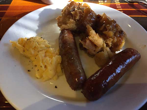 Sausage, eggs, and french toast bread pudding at Disney's Animal Kingdom Lodge