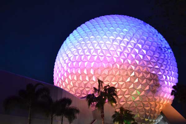 Spaceship Earth looks amazing at night in EPCOT at Walt Disney World.
