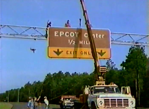 A road sign being constructed at EPCOT Center in the Souvenir Program