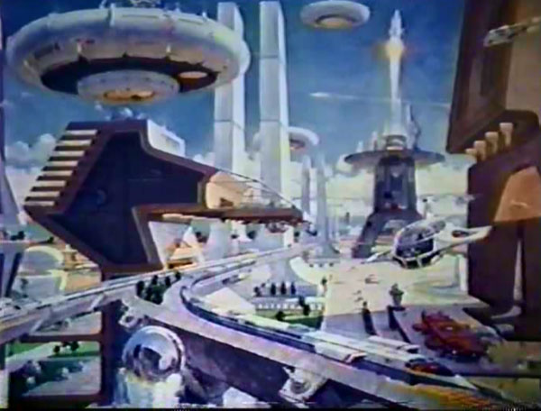 The transitions in the queue with the Alpha Centauri concept art at Horizons in EPCOT Center