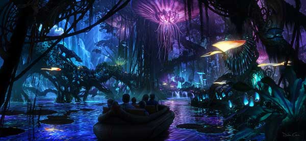 The boat ride concept art for Pandora: The World of Avatar.