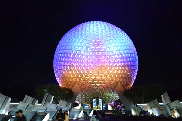 Spaceship Earth is a beacon in the night sky at Epcot.
