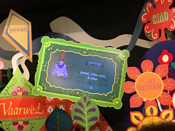 The message at It's a Small World is one of the few personalized touches with our data that actually happened at Walt Disney World.
