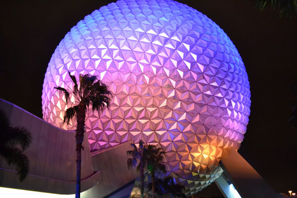 Spaceship Earth looks incredible at night in Epcot.