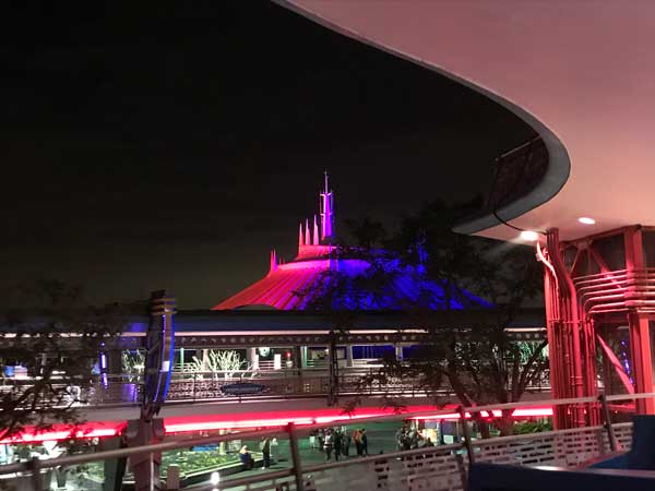A personal favorite is Space Mountain, seen here at night from the People Mover in The Magic Kingdom
