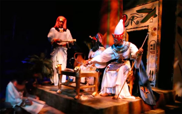 The Pharaoh makes a proclamation to other Egyptians in Spaceship Earth at Epcot in Walt Disney World. 