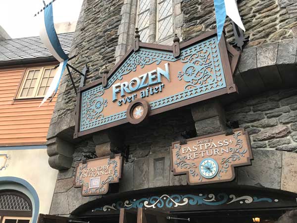 The sign outside of Frozen Ever After in the Norway pavilion of EPCOT's World Showcase.