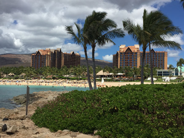 An exterior shot of Aulani, a Disney Resort & Spa in Oahu, Hawaii shows the beauty of this area.