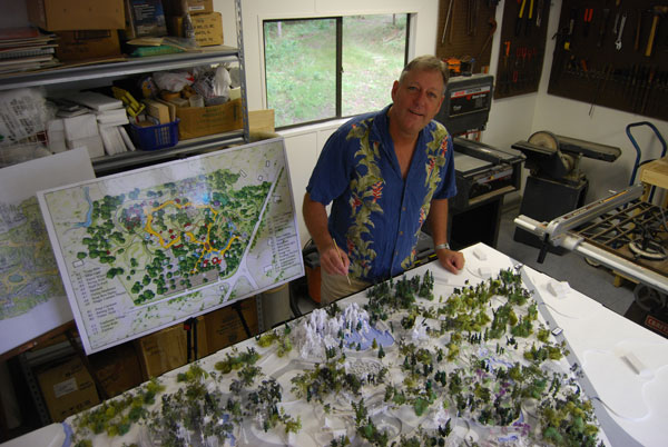 Former Disney Imagineer Bob Baranick stands by his model for Whirligig Woods, his proposed theme park in North Carolina.