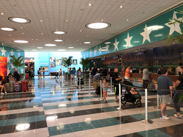 The lobby at the All-Star Movies resort is colorful and a bit much to take.