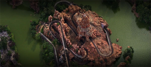 A gorgeous overhead shot of Big Thunder Mountain Railroad in Disneyland Paris.