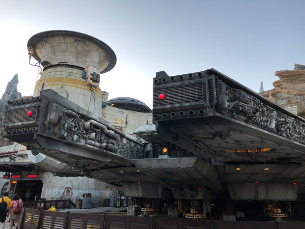 A close-up shot of the Millennium Falcon: Smuggler's Run attraction from the outside near the ship.