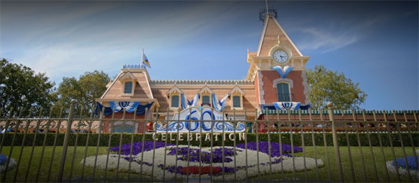 A shot of the train station in Disneyland during the park's 60th anniversary celebration.