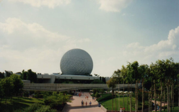 A shot of Spaceship Earth in EPCOT Center from the ramp on World of Motion in 1987.