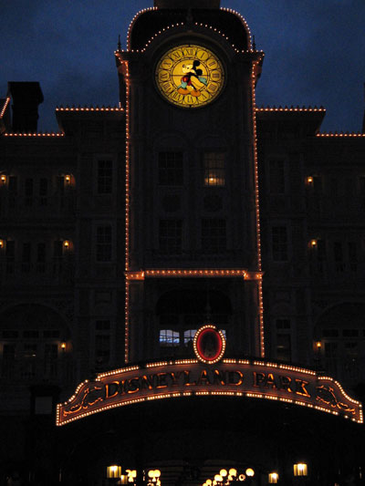 The outside of the Disneyland Hotel in Paris at night in 2006.
