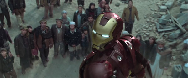 Iron Man begins his superhero journey in the first big action scene.