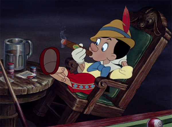 Pinocchio has some fun smoking and drinking in Pleasure Island.