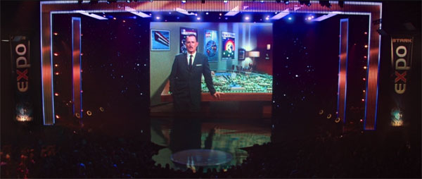 Howard Stark presents his ideas for the city of the future in an old clip during the Stark Expo.