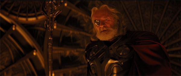 Anthony Hopkins as Odin prepares to cast Thor from the realm of Asgard after his foolish moves.