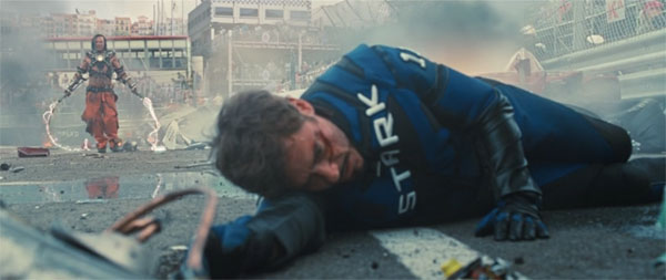 Tony Stark is down for the count with Ivan Vanko's Whiplash approaching in Iron Man 2.