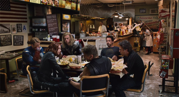 The Avengers recover from the Battle of New York with a shawarma meal.