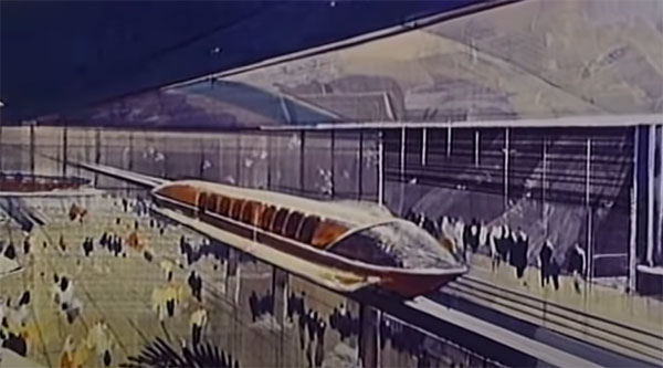 The concept art of the monorail from the EPCOT film in 1966.