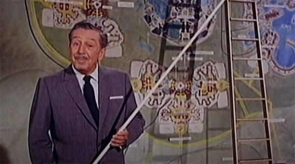 Walt uses his pointer and presents EPCOT the city and a new era for Disney transportation.