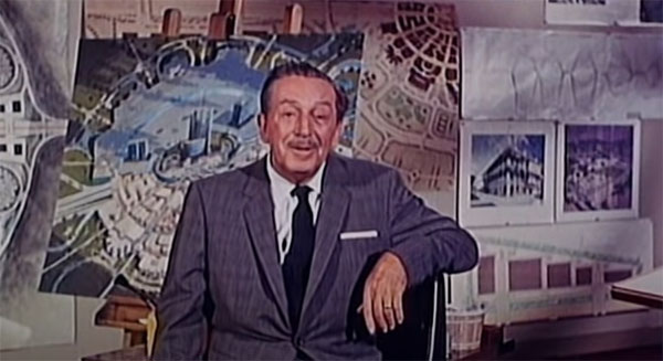 Walt Disney stands in front of amazing concepts of his Experimental Prototype City of Tomorrow.