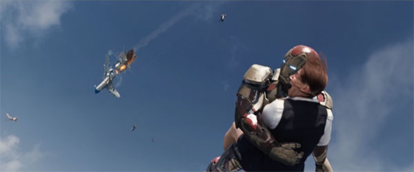 Iron Man saves victims flying through the sky during Iron Man 3.