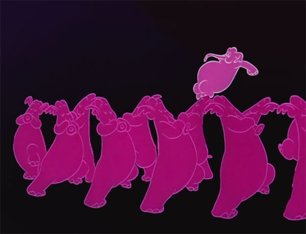 The Pink Elephants are on parade in one of the stranger scenes from Dumbo.