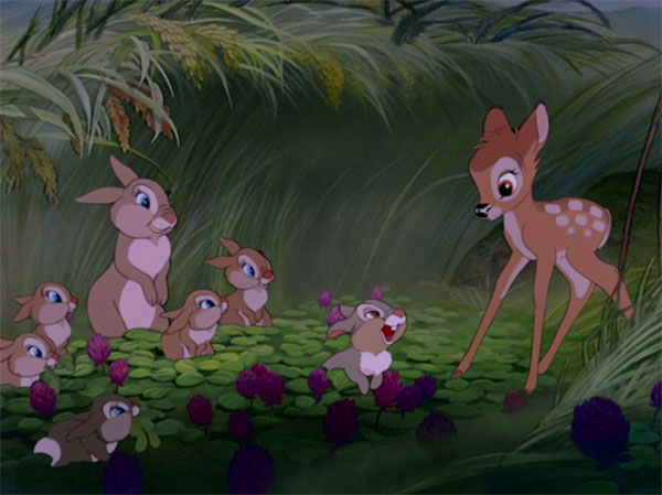 Bambi hangs out with Thumper and his family in the Disney classic film.