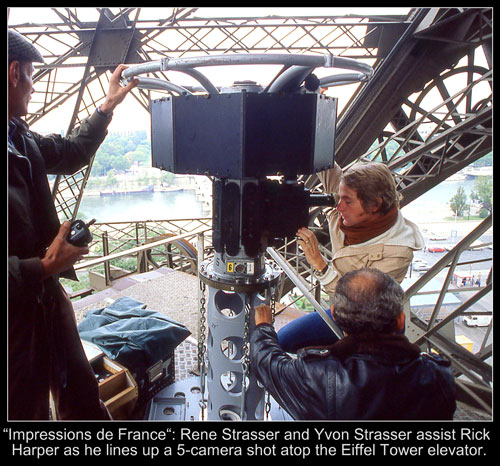 Rene Strasser and Yvon Strasser assist with the shooting of Impressions de France on the Eiffel Tower.