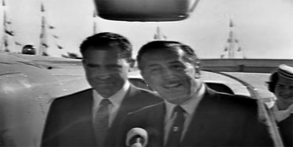 Walt Disney and Richard Nixon commemorate the opening of The Monorail at Disneyland.