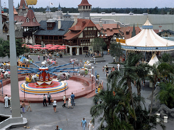 This early shot of Fantasyland at The Magic Kingdom reveals a different location for Dumbo's Flying Elephant.
