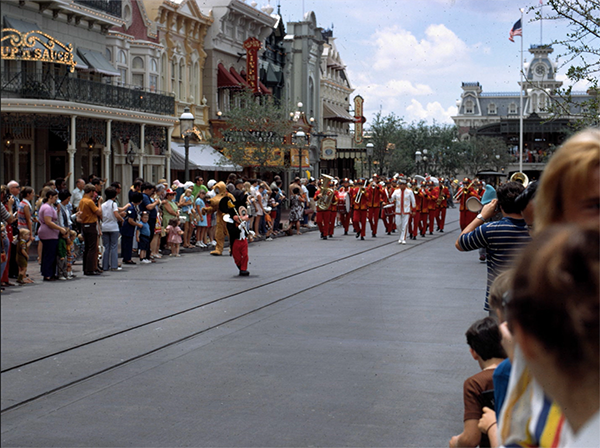 Mickey Mouse leads the marching band at the start of the Character Parade in 1972.