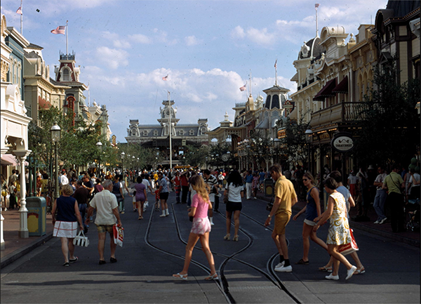 Main Street USA was surprisingly crowded when this picture was taken in the summer of 1972 at The Magic Kingdom.