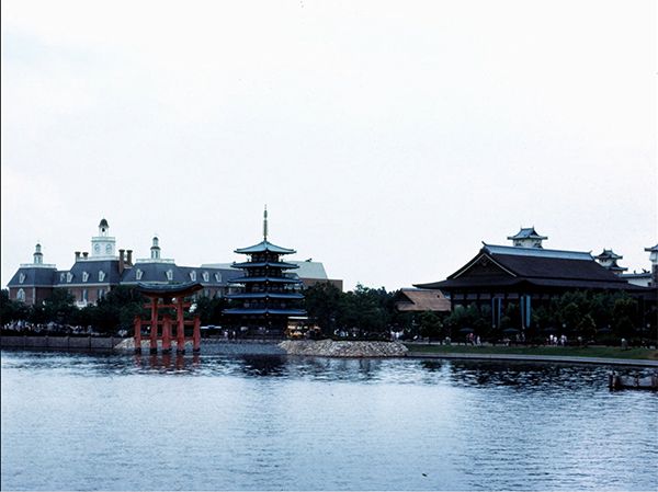 A view of the American Adventure and Japan pavilion in World Showcase in EPCOT Center in 1984.