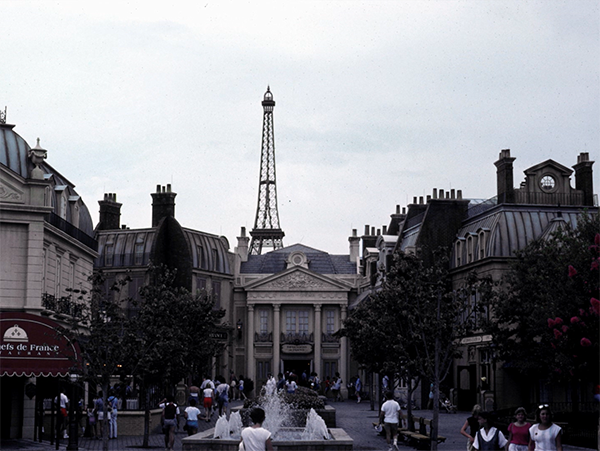 A photo from 1984 of the France pavilion at World Showcase in EPCOT Center at Walt Disney World.