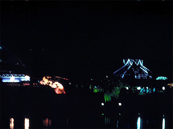 A night shot in 1984 of the Land pavilion in EPCOT Center.