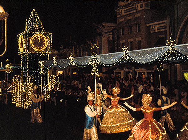 Dancers enjoy the ball in the Cinderella scene of Disney's Main Street Electrical Parade in 1984.