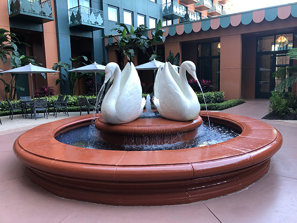 The Walt Disney World Swan includes a lot of comfortable areas to relax like this small outdoor area.