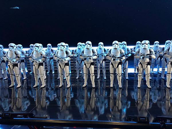 The ominous sight of the group of storm troopers in the star destroyer at Star Wars: Rise of the Resistance.