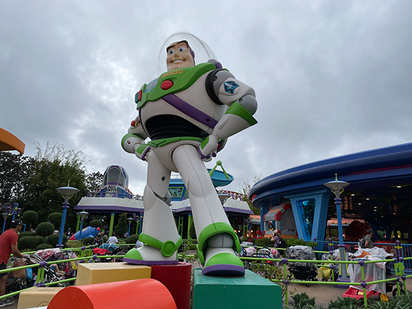 Buzz Lightyear stands guard in front of Toy Story Land at Disney's Hollywood Studios.