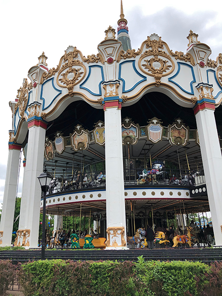 The Columbia Carousel is a striking two-story ride at the entrance to Six Flags Great America.