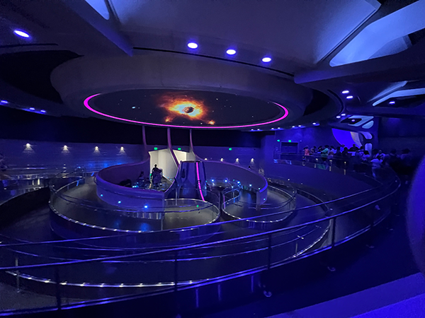 The pre-show room at Guardians of the Galaxy: Cosmic Rewind in EPCOT.