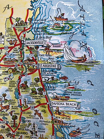 The 1947 Florida road map includes this look at a quieter Eastern seaboard.